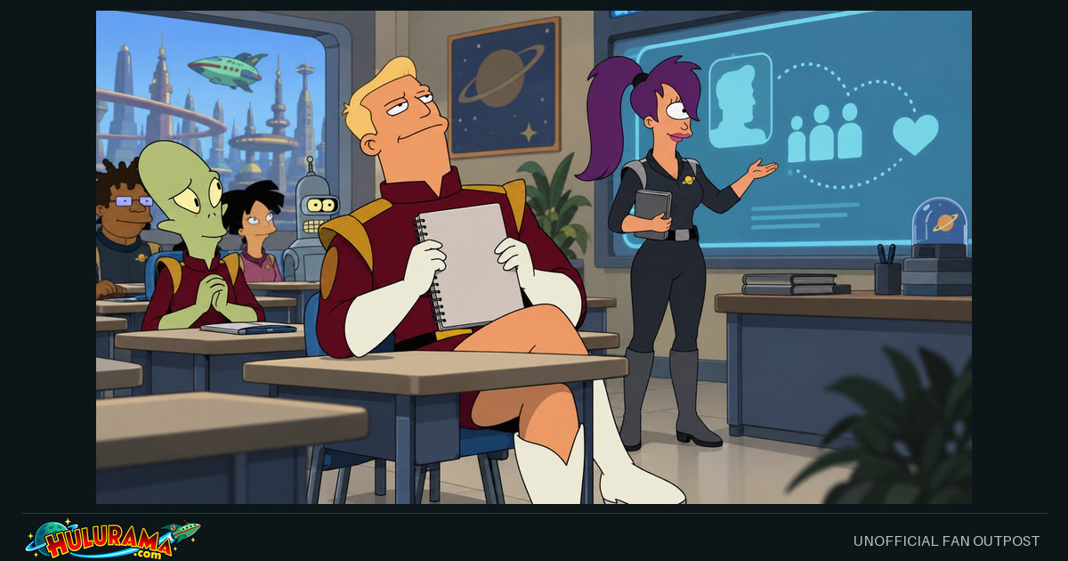Zapp sits with a notebook in a classroom while Leela gestures at a training display.