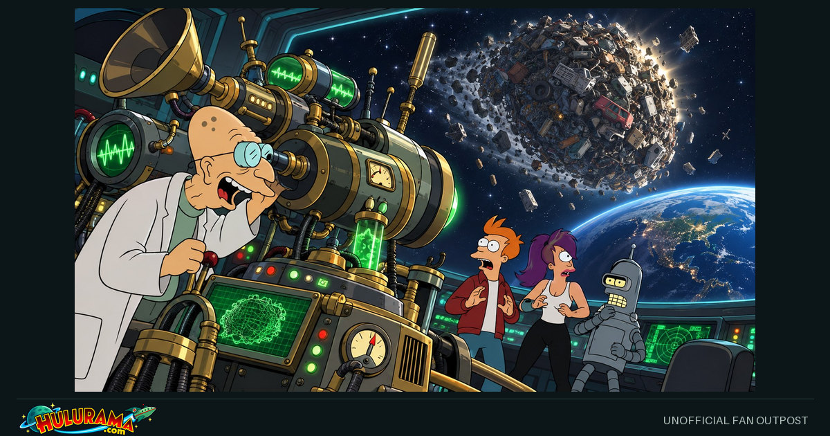 Farnsworth uses a large telescope-like device as the crew faces an approaching garbage sphere.