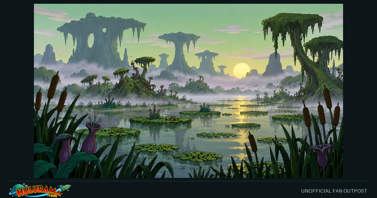 A misty alien wetland with floating vegetation and layered rock formations.
