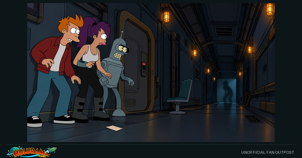 Fry, Leela and Bender peer into a dim spacecraft corridor.