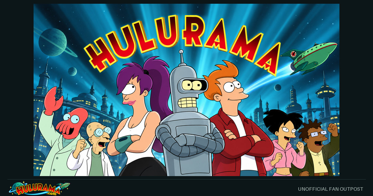 The Futurama crew against a futuristic city and star-filled sky.