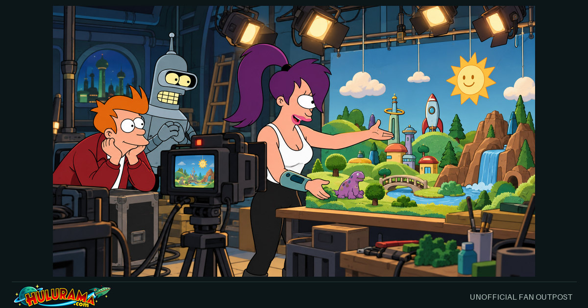 Leela presents a colorful model landscape to a studio camera as Fry and Bender watch.