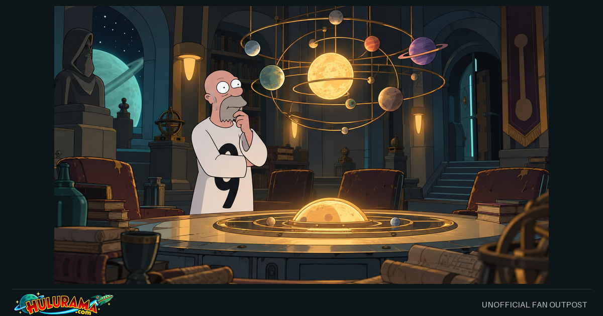 Number 9 Man considers a glowing celestial model in a secluded chamber.