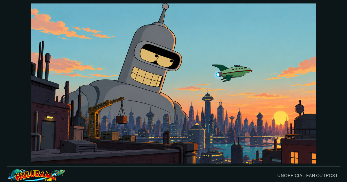 A giant Bender leans above the skyline while the delivery ship passes.