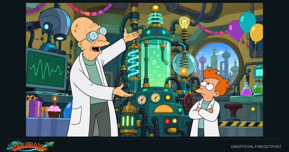 Professor Farnsworth enthusiastically presents a machine while Cubert stands with folded arms.