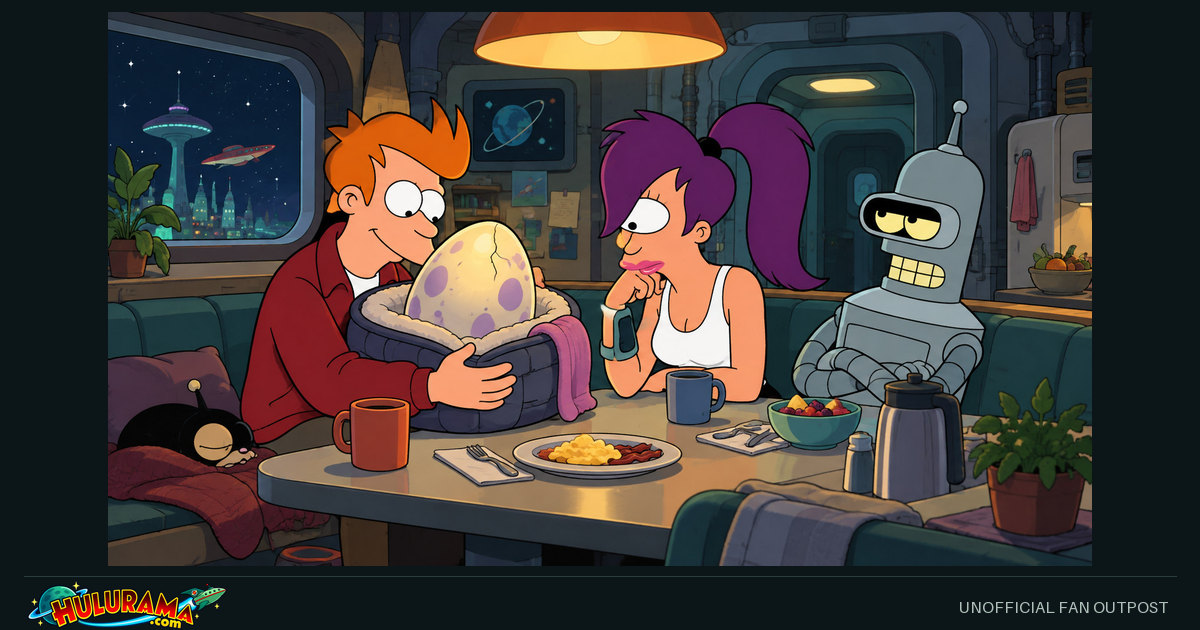 Fry cradles a large spotted egg while Leela and Bender sit at the table.