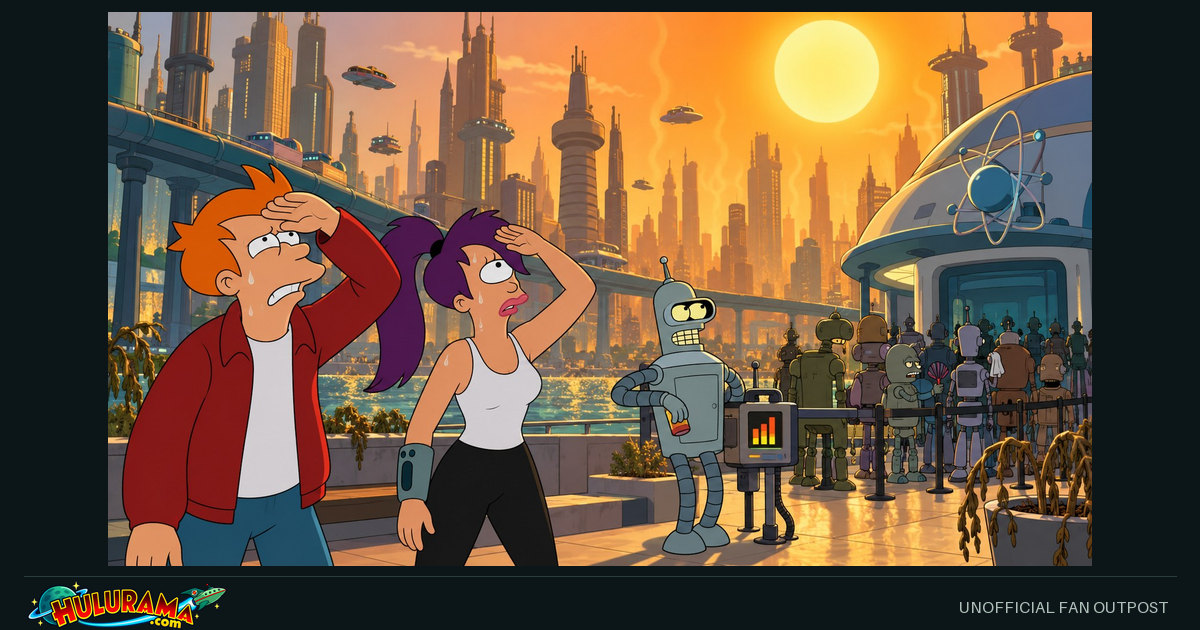 Fry and Leela shelter their eyes from harsh sunlight while robots queue by a monitor.