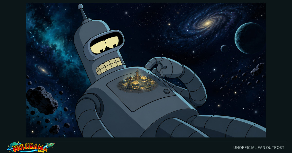 Bender floats through space looking down at a tiny illuminated settlement on his torso.