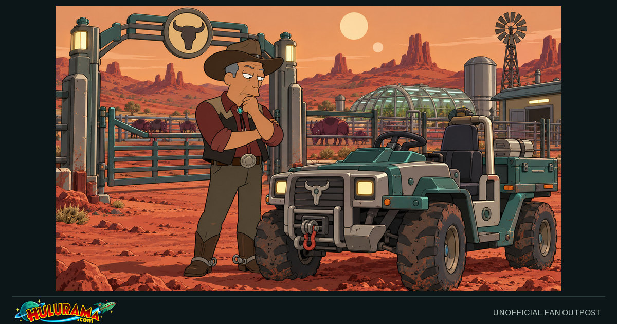 Leo Wong stands beside a utility vehicle and ranch gate on red Martian terrain.