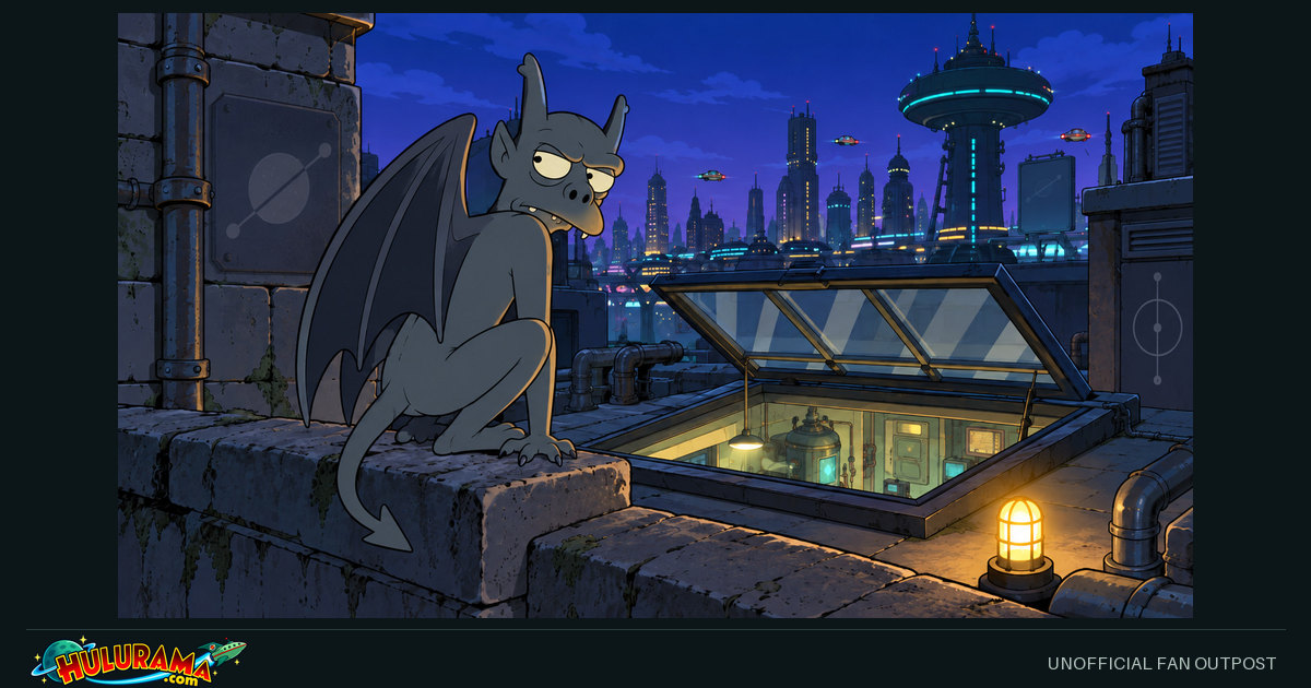 Pazuzu perches above the nighttime city with wings folded beside a rooftop lantern.