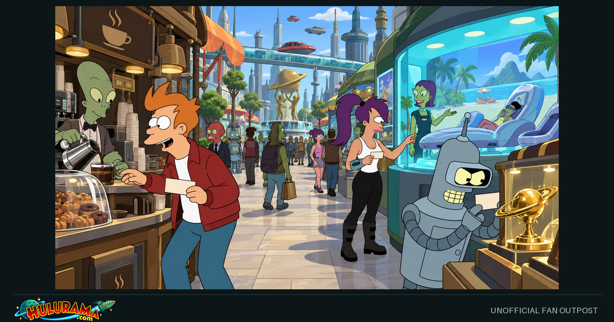Fry, Leela and Bender consider different purchases along a futuristic market street.