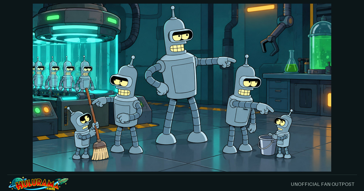 Bender delegates a cleaning chore to smaller versions of himself on a laboratory floor.