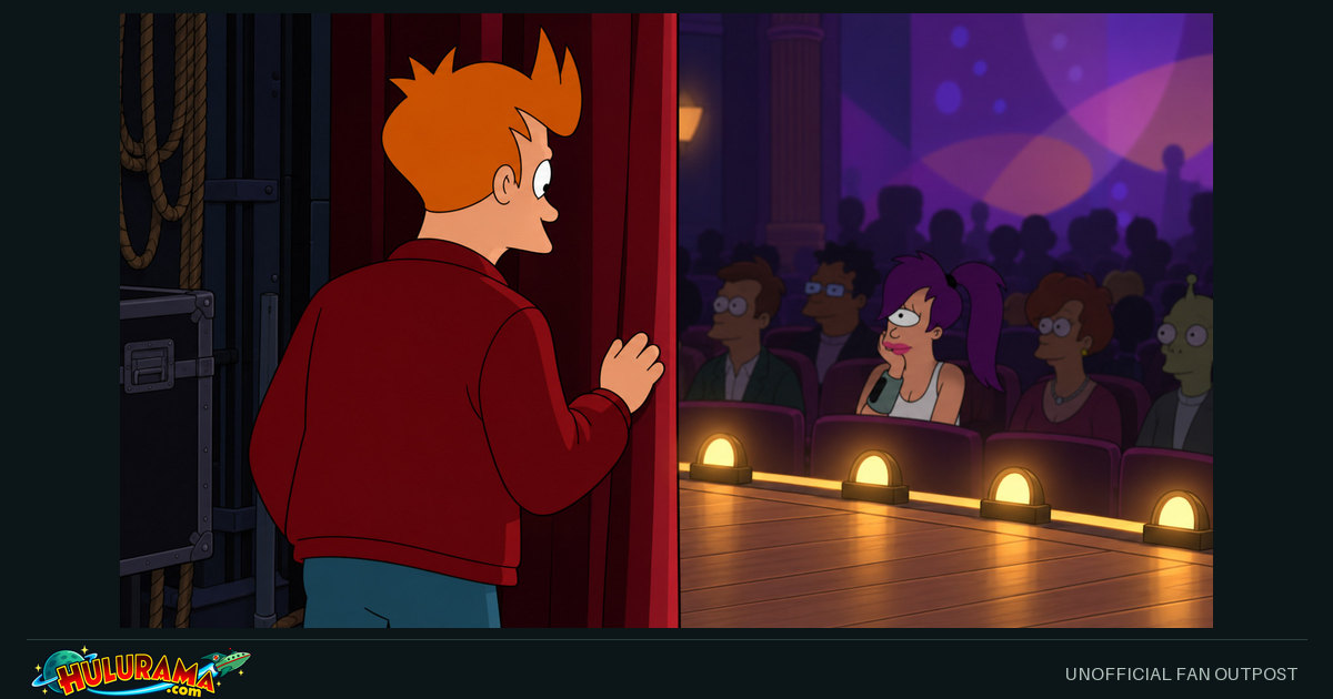 Fry waits beside a red stage curtain while Leela sits in the audience.