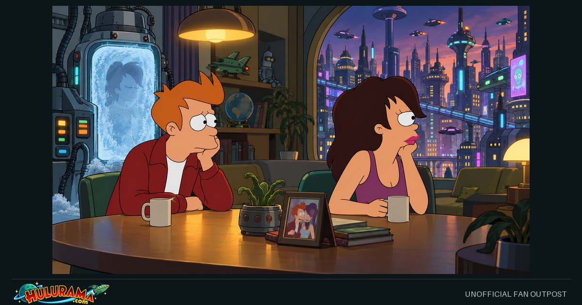 Fry and a dark-haired woman sit apart at a table beside a frosted chamber.