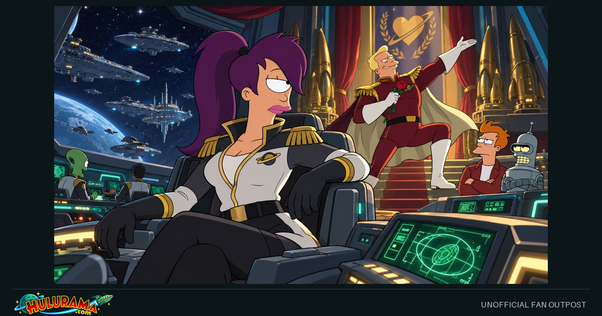 Leela sits at a command console while Zapp poses behind her.