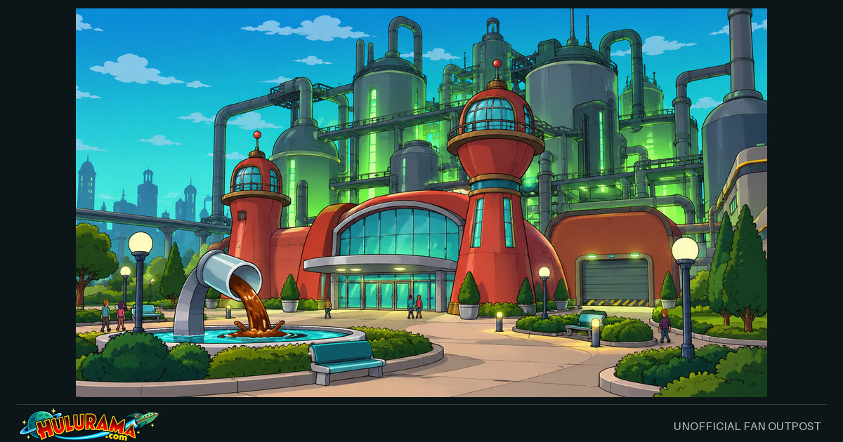 A cheerful visitor plaza stands before a much larger green-lit beverage factory.