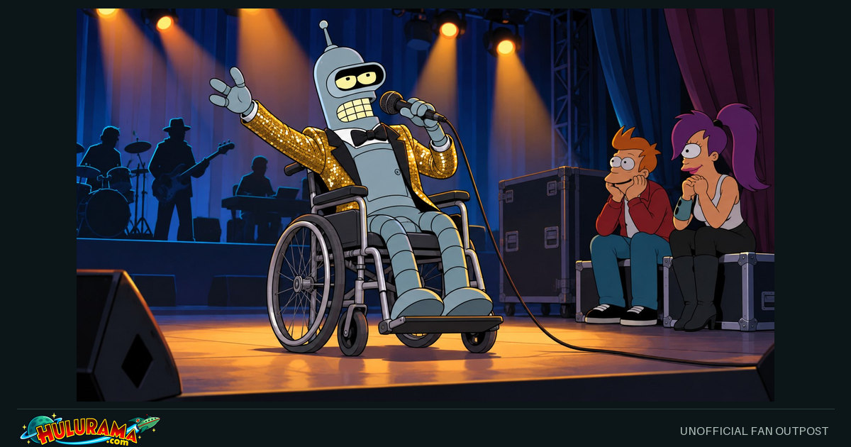 Bender performs from a mechanical wheelchair while Fry and Leela watch.