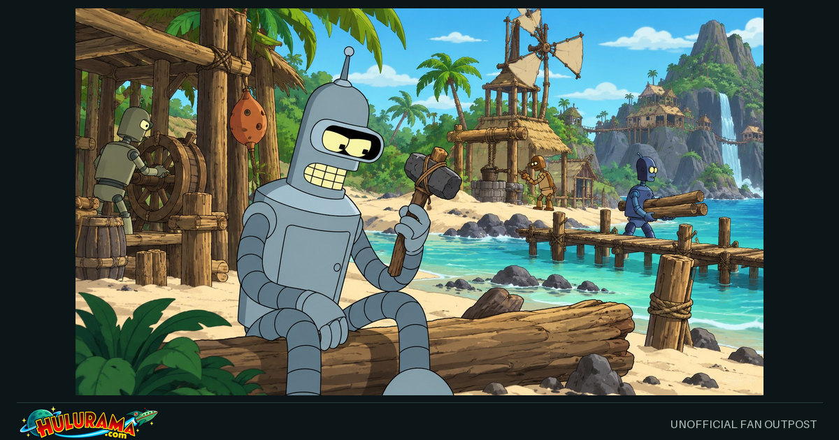 Bender considers a wooden tool beside a beach settlement of robots.