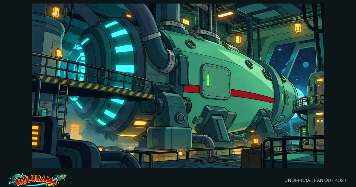 Large green cylindrical machinery and glowing assemblies fill an industrial spacecraft engine room.