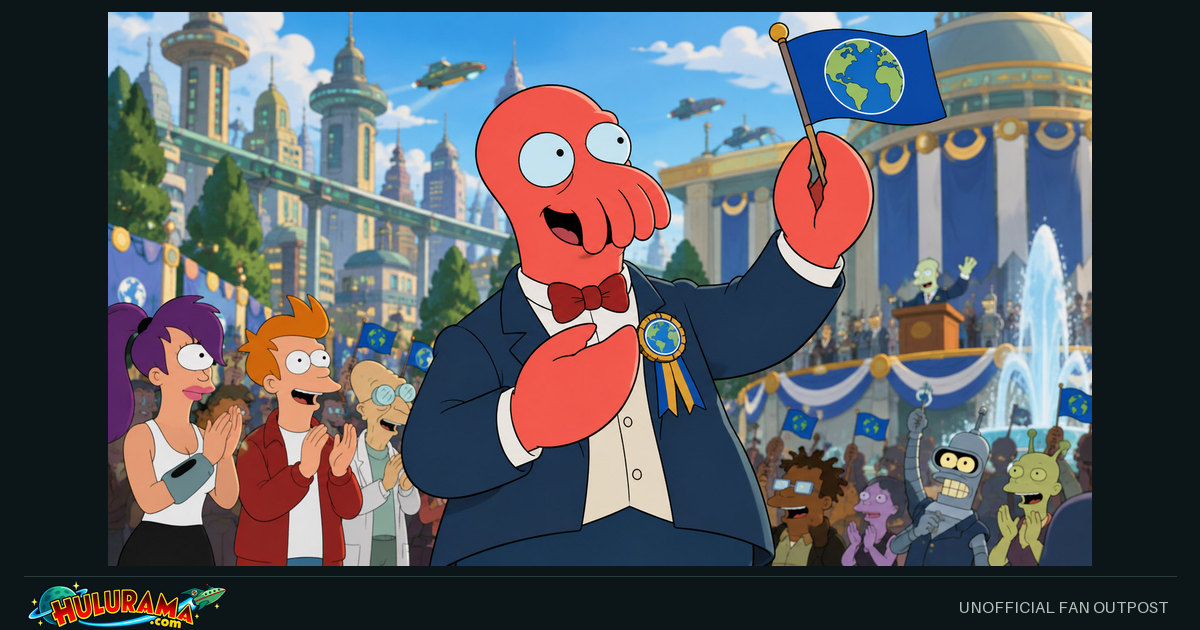 Zoidberg waves an Earth-themed flag at an outdoor civic celebration.