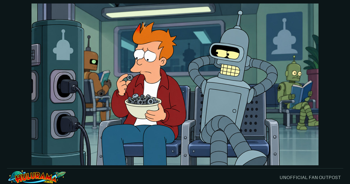 Fry examines a bowl of hardware while Bender relaxes in an institutional room.