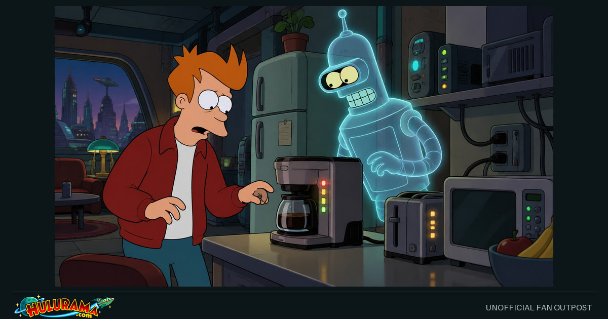 A translucent Bender hovers near kitchen electronics as Fry examines a coffee machine.