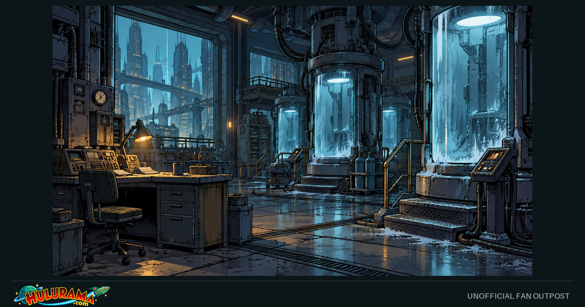 Frosty preservation chambers line a blue-lit laboratory beside a quiet work desk.