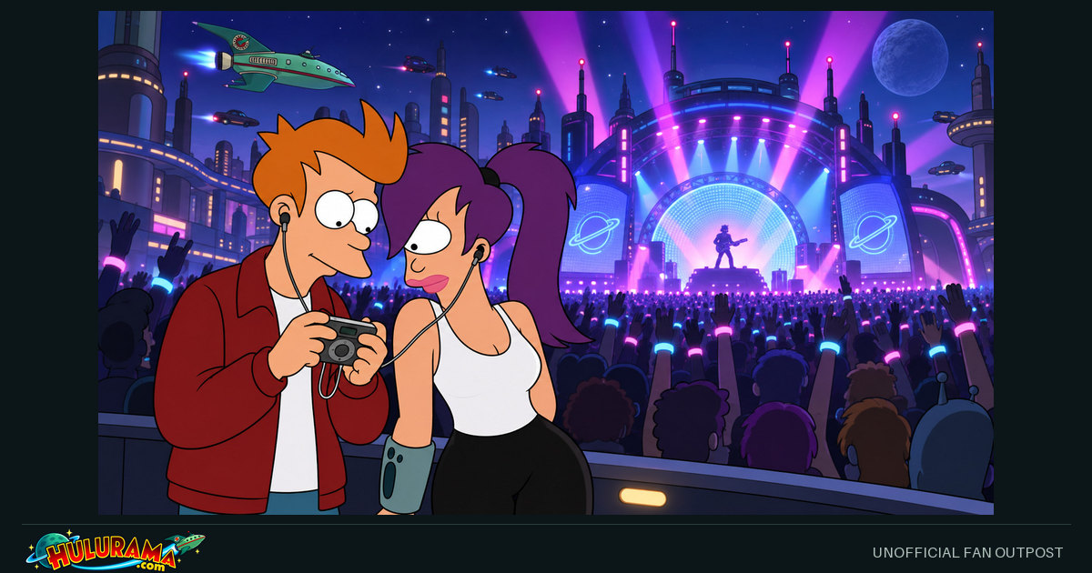 Fry and Leela stand in a crowd beneath the lights of an outdoor concert.
