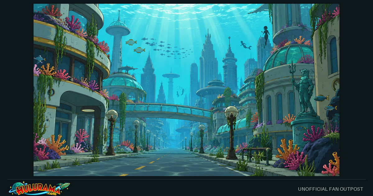 An underwater city avenue lined with coral, submerged towers and drifting fish.