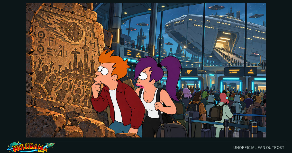 Fry and Leela examine a carved stone relief beside a crowded departure terminal.