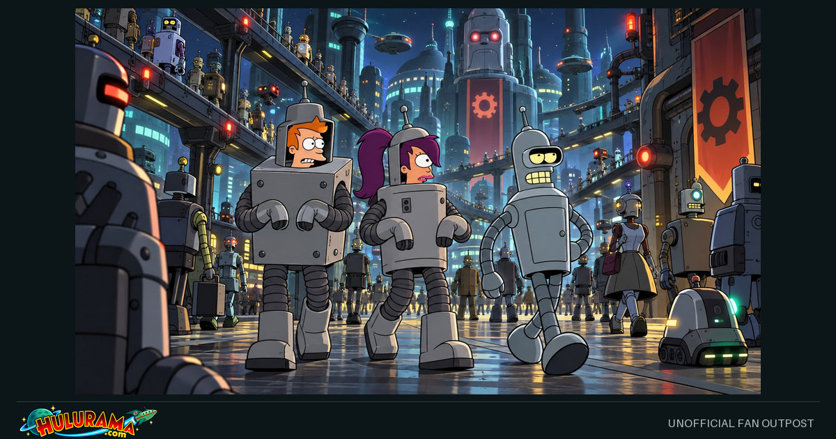 Fry and Leela wear robot disguises beside Bender in an industrial robot city.