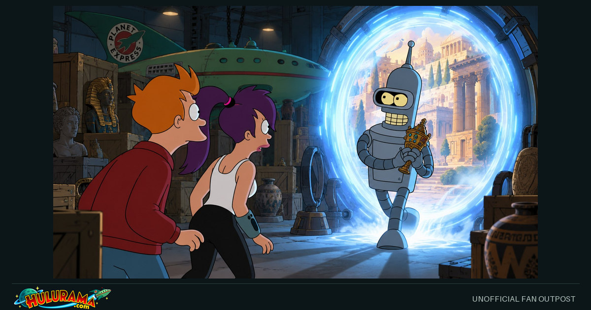 Bender carries an antique through a glowing time portal while Fry and Leela watch.