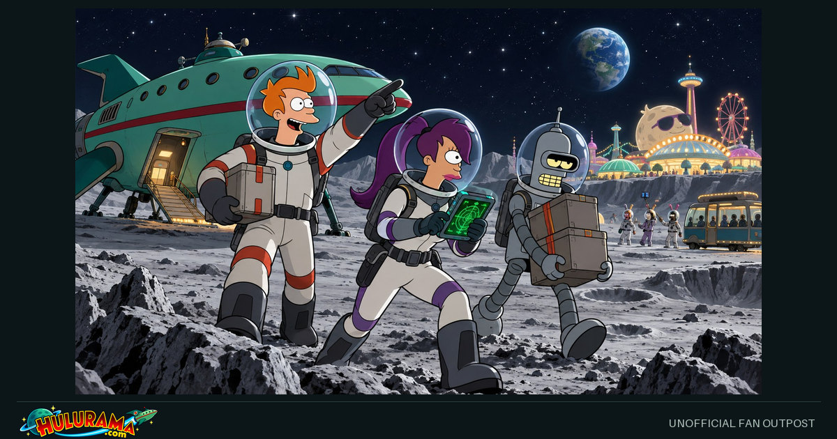 Fry, Leela and Bender explore lunar terrain beside their spacecraft.