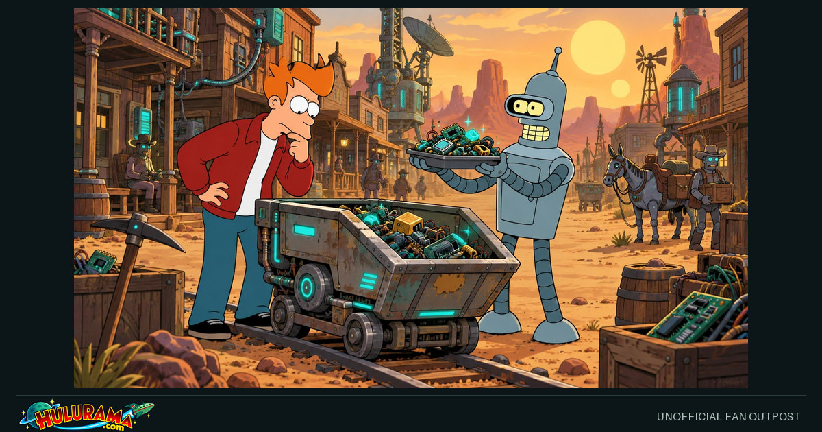 Bender presents a tray of components beside Fry and a mining cart in a dusty frontier town.