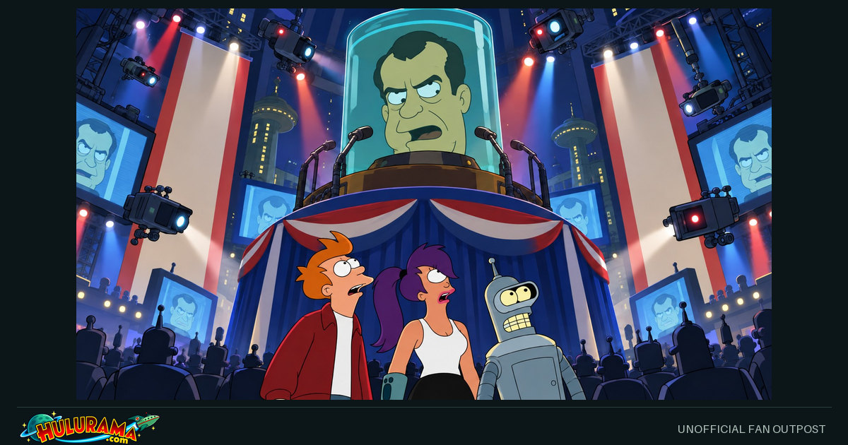 Fry, Leela and Bender look up at a giant rally podium displaying a cartoon head in a jar.
