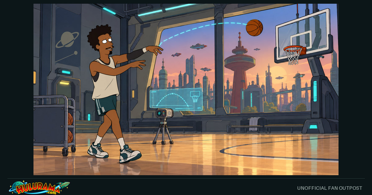 Sweet Clyde Dixon follows through on a shot at a futuristic indoor basketball court.