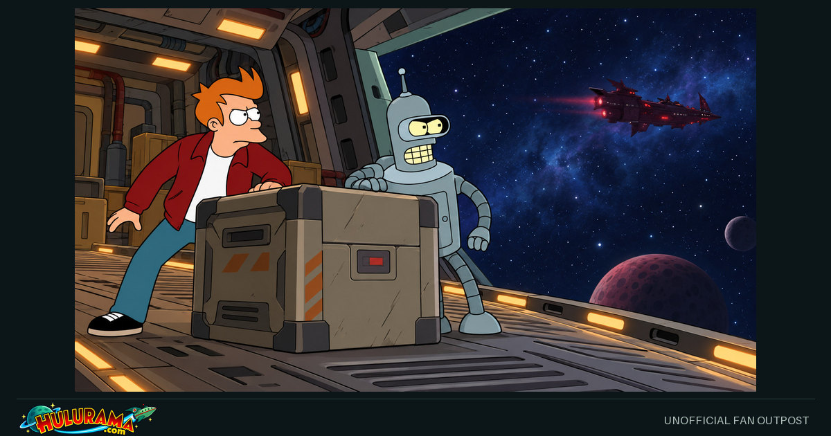 Fry and Bender guard a closed cargo crate as a red spacecraft approaches.