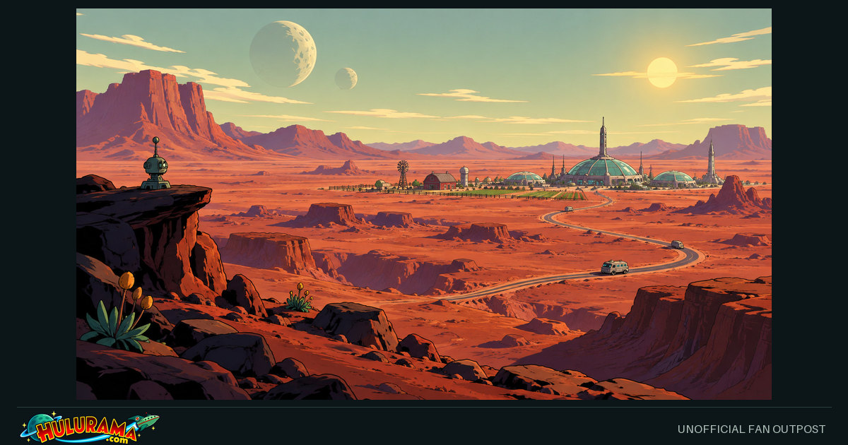 Red mesas frame a futuristic Martian settlement, winding roads and domed structures.