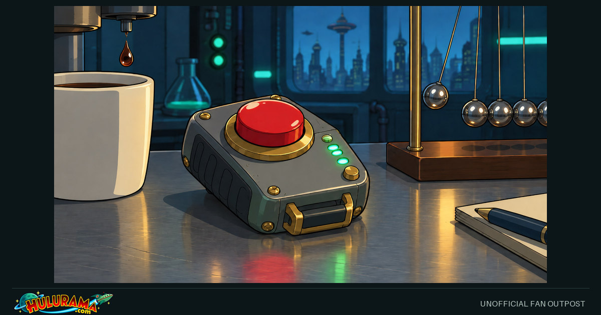 A small device with a red button rests beside a cup and suspended mechanical objects.