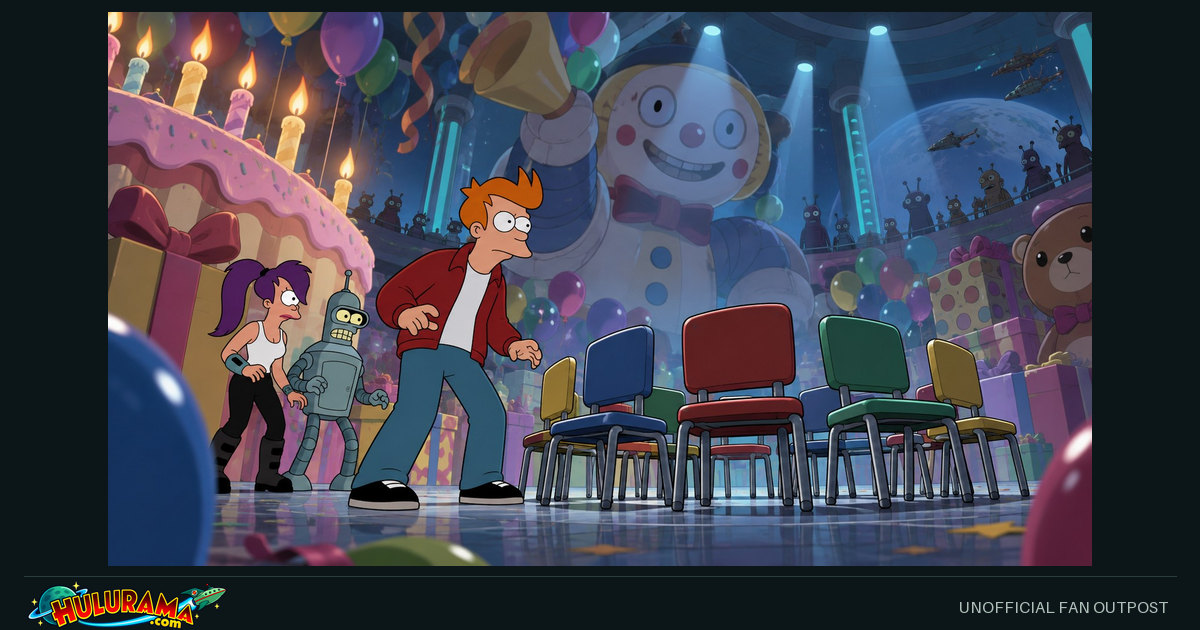 Fry, Leela and Bender face a ring of empty chairs in an oversized birthday-party setting.