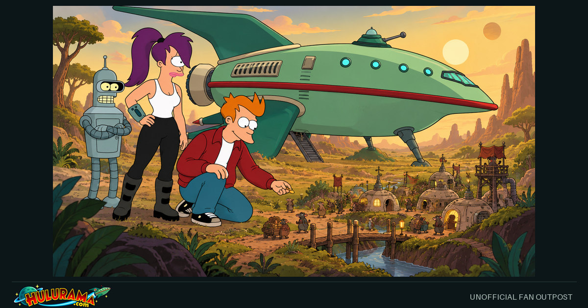 Fry examines a tiny settlement beneath the parked delivery ship.