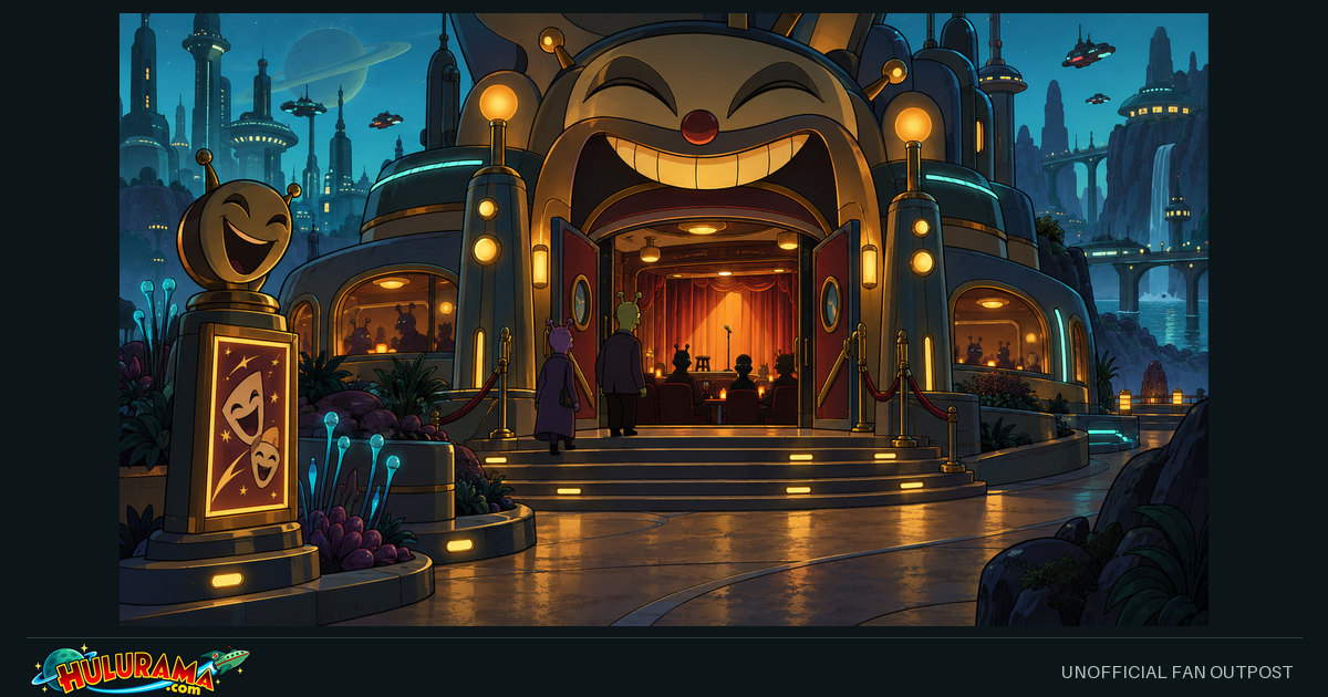A theatrical comedy-club entrance opens toward a warmly lit stage and oversized seating.