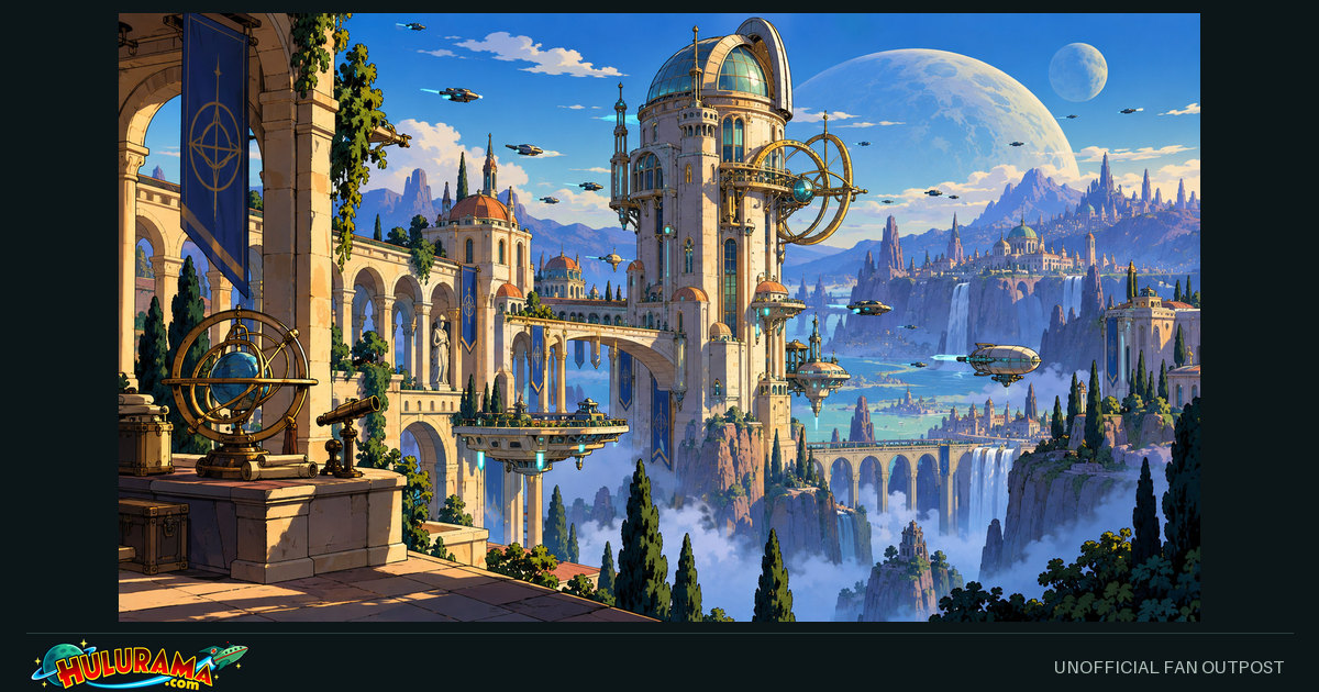 An academic city of arches, domes and measuring instruments overlooks a distant landscape.