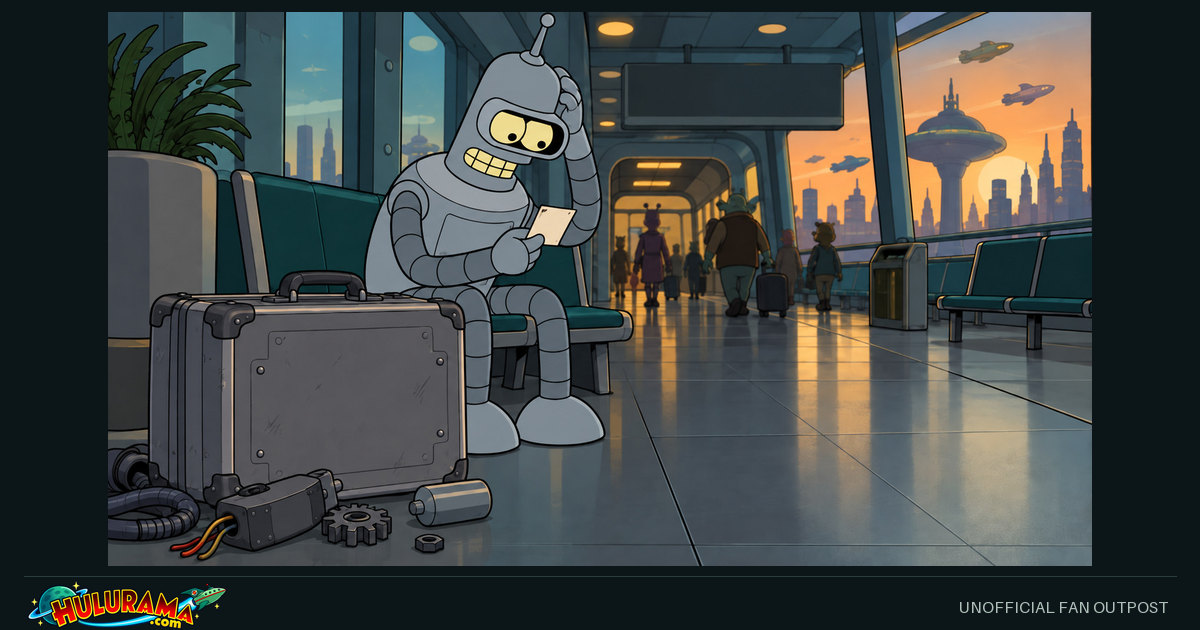 Bender examines his hand beside an open case of loose robot parts.