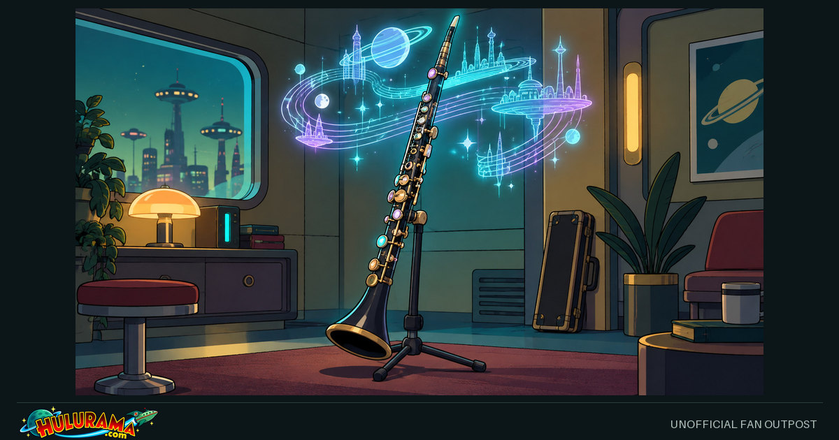A long keyed woodwind-like instrument projects a colorful holographic city in a practice room.