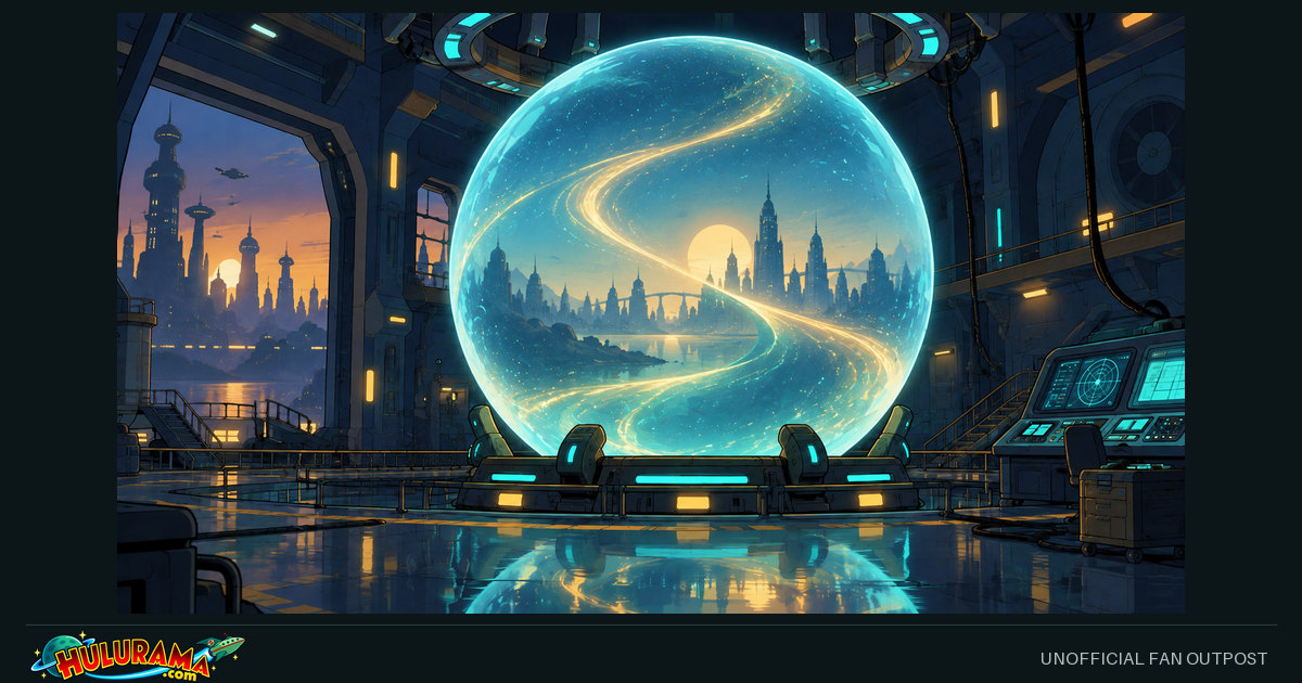 A luminous transparent sphere reflects imagined skylines above an empty hangar floor.