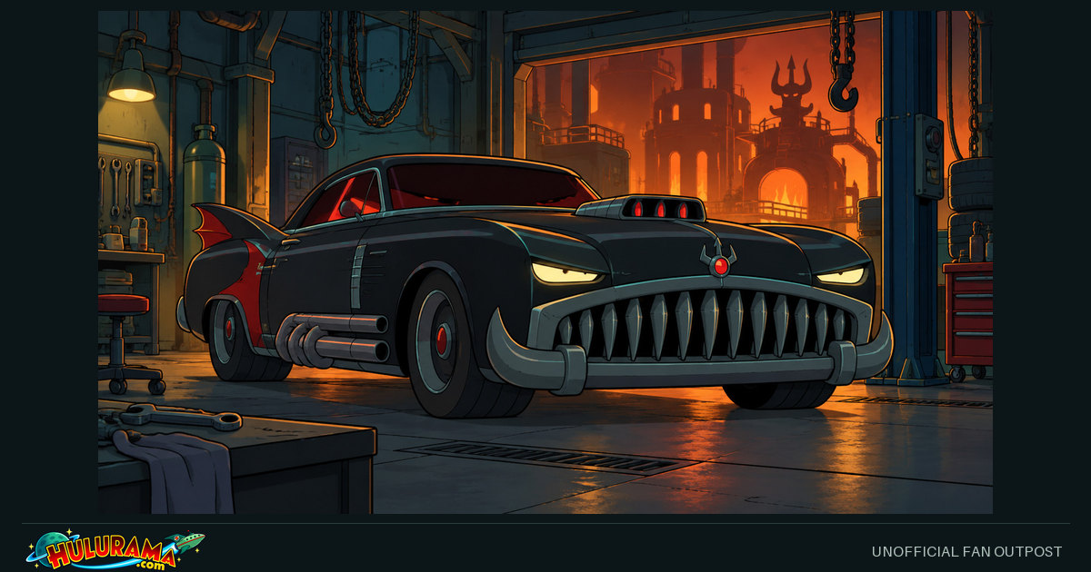 A menacing dark mechanical car waits inside a red-lit industrial garage.