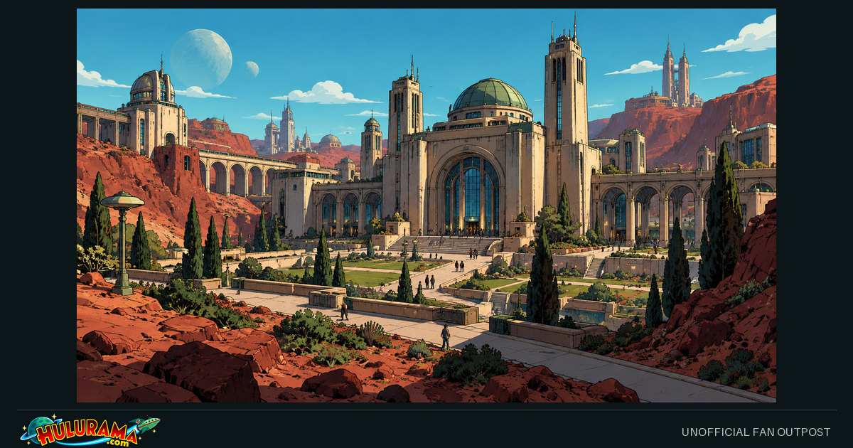 Academic arches and towers rise above paths and red desert cliffs.