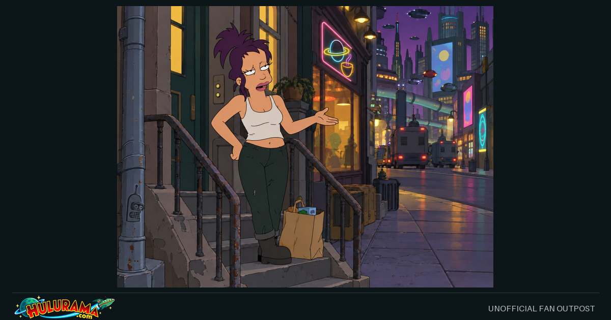 Petunia gestures from a city stoop under colorful night lighting.