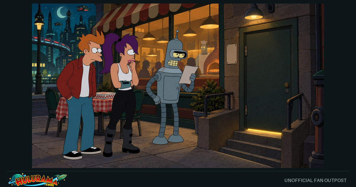 Fry, Leela and Bender inspect a restaurant cellar entrance at night.